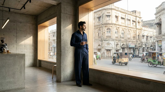Sophisticated urban man in Karachi nightlife setting