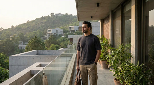 Sophisticated urban utility man in Islamabad architectural setting